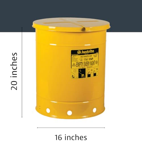 Justrite 14 Gallon Galvanized Steel Oily Waste Can, 20" x 16" Metal Oil Rag Safety Can with Hand Operated Self-Closing Lid for Oil Rag Disposal, Made in The USA, Yellow, 09511 - Image 2