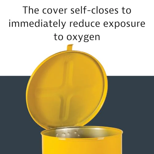 Justrite 14 Gallon Galvanized Steel Oily Waste Can, 20" x 16" Metal Oil Rag Safety Can with Hand Operated Self-Closing Lid for Oil Rag Disposal, Made in The USA, Yellow, 09511 - Image 5