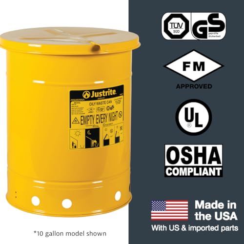 Justrite 14 Gallon Galvanized Steel Oily Waste Can, 20" x 16" Metal Oil Rag Safety Can with Hand Operated Self-Closing Lid for Oil Rag Disposal, Made in The USA, Yellow, 09511 - Image 8