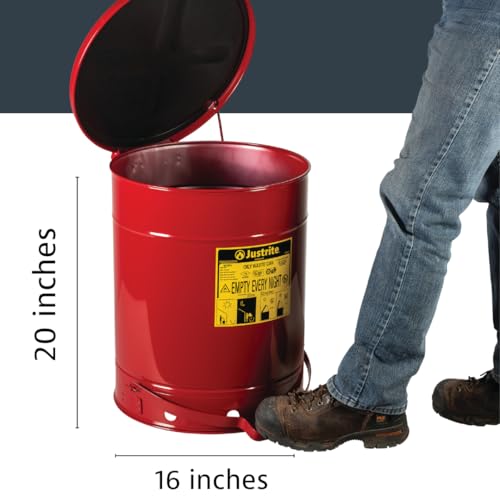 Justrite 14 Gallon Galvanized Steel Oily Waste Can, 20" x 16" Metal Oil Rag Safety Can with Quiet Foot Operated Self-Closing Lid for Oil Rag Disposal, Made in The USA, Red, 09508 - Image 2