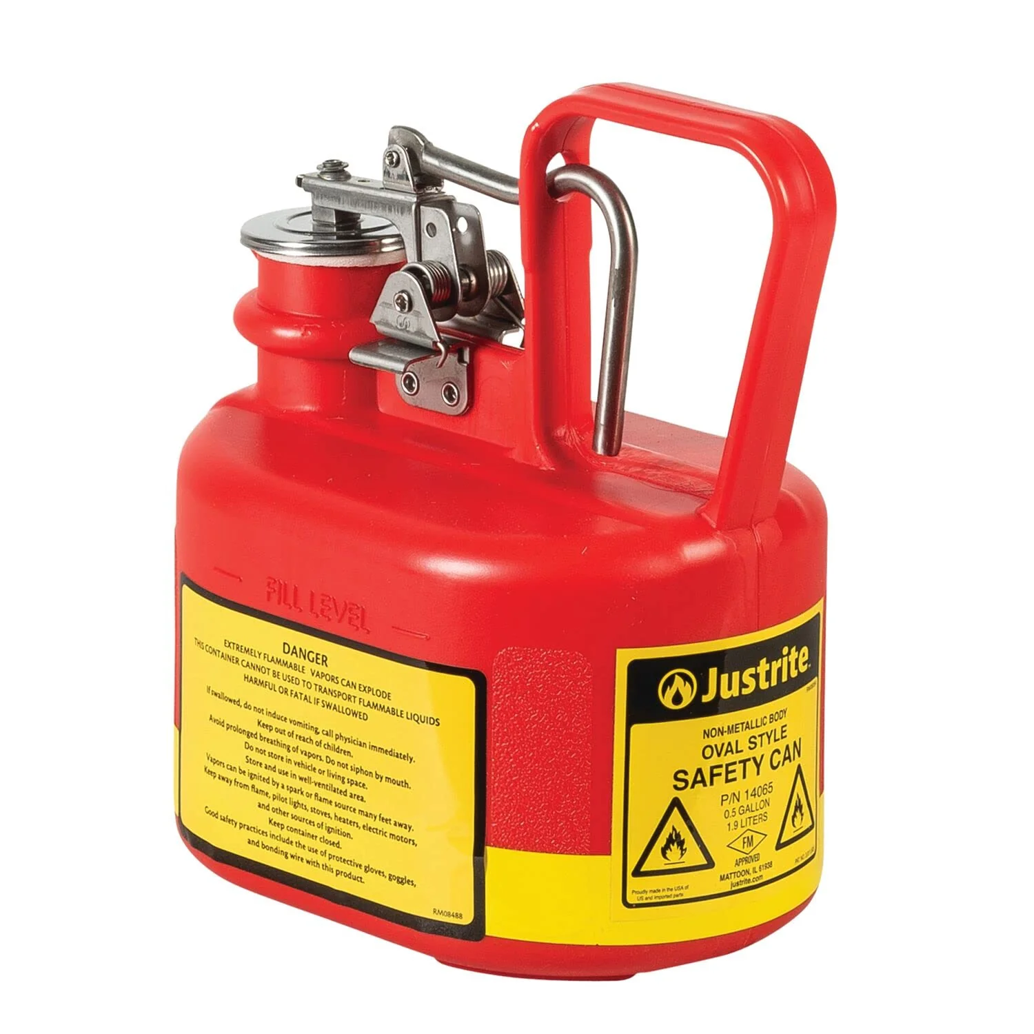 Justrite 14065 1/2 Gallon, 4 5/8" x 7 5/8" x 9.50" Size Type I Red Oval Polyethylene Safety Can with Stainless Steel Hard - Image 2