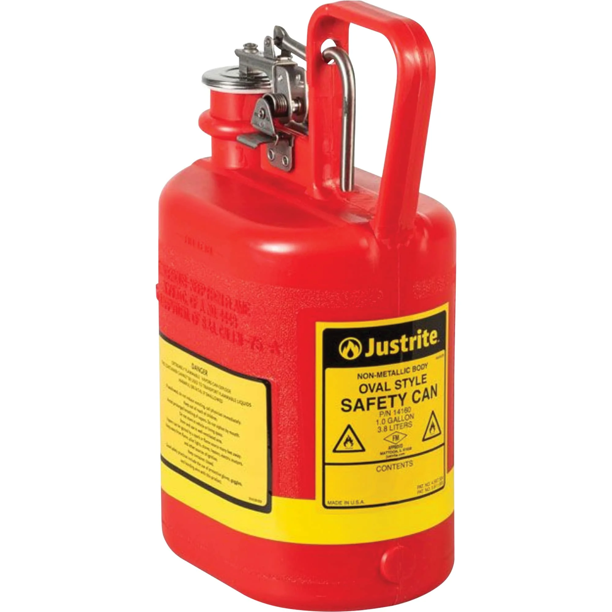 Justrite 14160 1 Gallon, 4 5/8" x 7 5/8" x 12 3/4" Size Type I Red Oval Polyethylene Safety Can