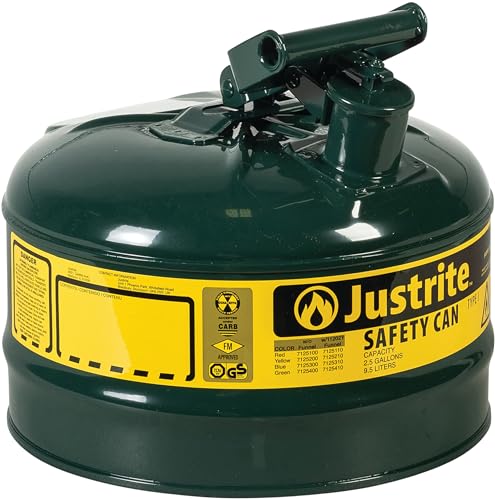 Justrite 2.5 Gallon Type I Green Safety Can for Oil with Flame Arrester and Self-Closing Lid, Made in the USA, Galvanized Steel Flammable Storage Can, 7125400