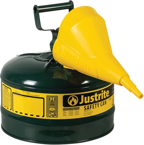 Justrite 2.5 Gallon Type I Green Safety Can for Oil with Flame Arrester, Self-Closing Lid, and Funnel, Made in The USA, Galvanized Steel Flammable Storage Can, 7125410