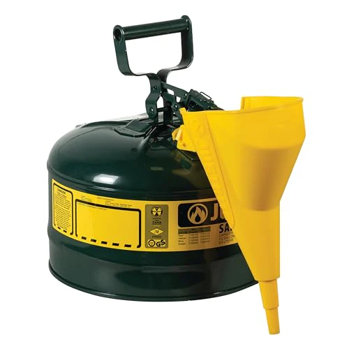 Justrite 2.5 Gallon Type I Green Safety Can for Oil with Flame Arrester, Self-Closing Lid, and Funnel, Made in The USA, Galvanized Steel Flammable Storage Can, 7125410 - Image 2
