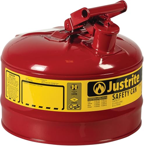 Justrite 2.5 Gallon Type I Red Safety Gas Can for Gasoline with Flame Arrester and Self-Closing Lid, Made in the USA, Galvanized Steel Flammable Storage Can, 7125100