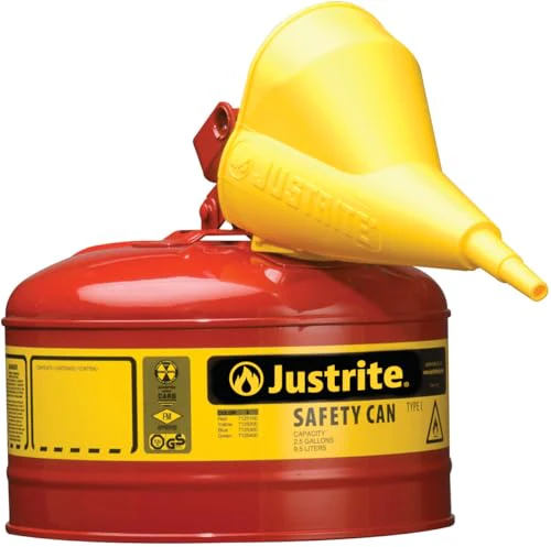 Justrite 2.5 Gallon Type I Red Safety Gas Can for Gasoline with Flame Arrester, Self-Closing Lid, and Funnel, Made in The USA, Galvanized Steel Flammable Storage Can, 7125110