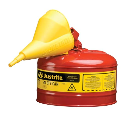 Justrite 2.5 Gallon Type I Red Safety Gas Can for Gasoline with Flame Arrester, Self-Closing Lid, and Funnel, Made in The USA, Galvanized Steel Flammable Storage Can, 7125110 - Image 2