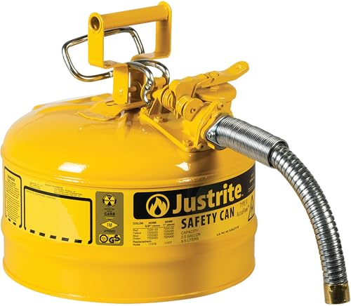 Justrite 2.5 Gallon Type II Yellow Safety Can for Diesel with Flame Arrester, Self-Closing Lid, and 1" Flexible Metal Spout, Made in the USA, Galvanized Steel Flammable Storage Can, 7225230