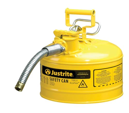 Justrite 2.5 Gallon Type II Yellow Safety Can for Diesel with Flame Arrester, Self-Closing Lid, and 1" Flexible Metal Spout, Made in the USA, Galvanized Steel Flammable Storage Can, 7225230 - Image 2