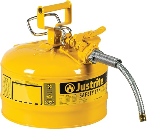 Justrite 2.5 Gallon Type II Yellow Safety Can for Diesel with Flame Arrester, Self-Closing Lid, and 5/8" Flexible Metal Spout, Made in the USA, Galvanized Steel Flammable Storage Can, 7225220