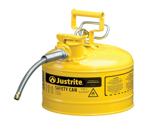 Justrite 2.5 Gallon Type II Yellow Safety Can for Diesel with Flame Arrester, Self-Closing Lid, and 5/8" Flexible Metal Spout, Made in the USA, Galvanized Steel Flammable Storage Can, 7225220 - Image 2