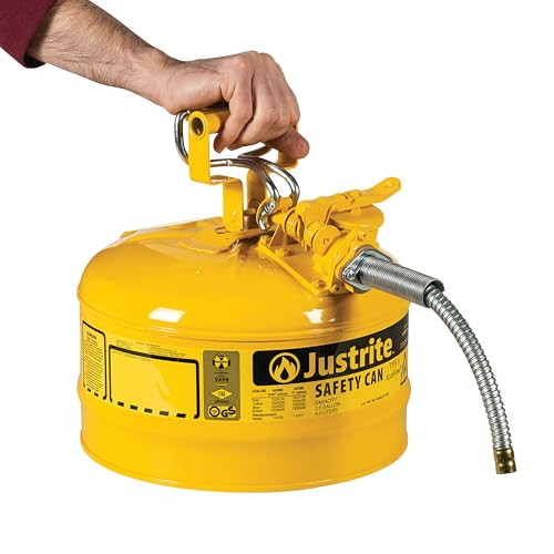 Justrite 2.5 Gallon Type II Yellow Safety Can for Diesel with Flame Arrester, Self-Closing Lid, and 5/8" Flexible Metal Spout, Made in the USA, Galvanized Steel Flammable Storage Can, 7225220 - Image 3