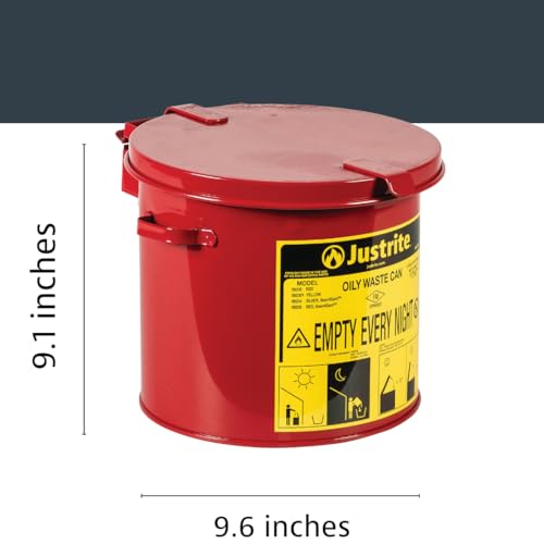 Justrite 2 Gallon Galvanized Steel Countertop Oily Waste Can, 9" x 9.6" Metal Oil Rag Safety Can with Hand Operated Self-Closing Lid for Oil Rag Disposal, Made in The USA, Red, 09200 - Image 2