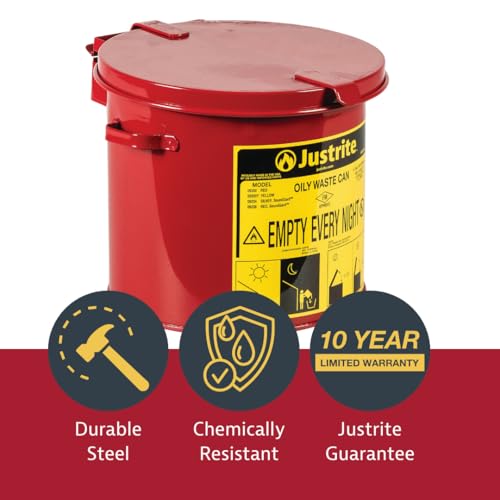 Justrite 2 Gallon Galvanized Steel Countertop Oily Waste Can, 9" x 9.6" Metal Oil Rag Safety Can with Hand Operated Self-Closing Lid for Oil Rag Disposal, Made in The USA, Red, 09200 - Image 3