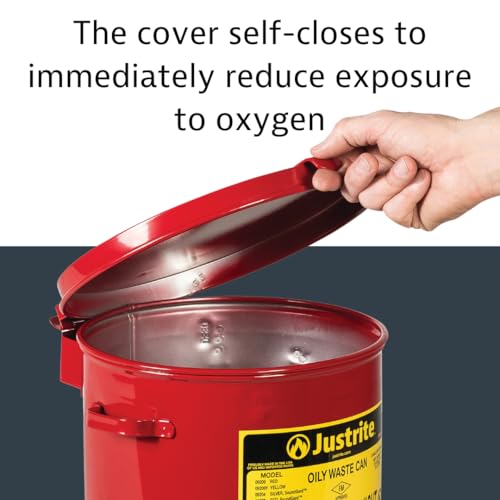 Justrite 2 Gallon Galvanized Steel Countertop Oily Waste Can, 9" x 9.6" Metal Oil Rag Safety Can with Hand Operated Self-Closing Lid for Oil Rag Disposal, Made in The USA, Red, 09200 - Image 4