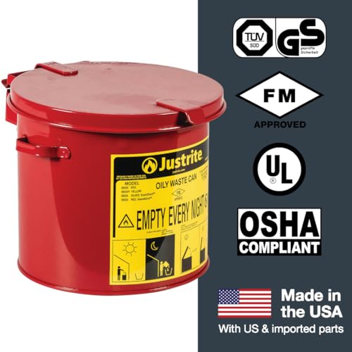 Justrite 2 Gallon Galvanized Steel Countertop Oily Waste Can, 9" x 9.6" Metal Oil Rag Safety Can with Hand Operated Self-Closing Lid for Oil Rag Disposal, Made in The USA, Red, 09200 - Image 6