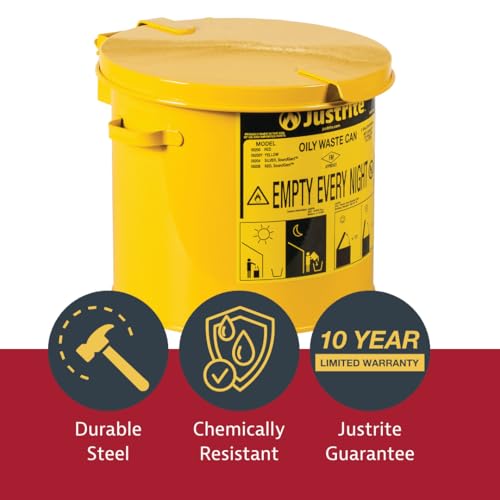 Justrite 2 Gallon Galvanized Steel Countertop Oily Waste Can, 9" x 9.6" Metal Oil Rag Safety Can with Hand Operated Self-Closing Lid for Oil Rag Disposal, Made in The USA, Yellow, 09200Y - Image 3
