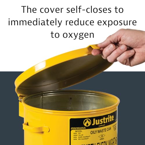 Justrite 2 Gallon Galvanized Steel Countertop Oily Waste Can, 9" x 9.6" Metal Oil Rag Safety Can with Hand Operated Self-Closing Lid for Oil Rag Disposal, Made in The USA, Yellow, 09200Y - Image 4