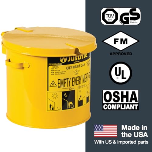 Justrite 2 Gallon Galvanized Steel Countertop Oily Waste Can, 9" x 9.6" Metal Oil Rag Safety Can with Hand Operated Self-Closing Lid for Oil Rag Disposal, Made in The USA, Yellow, 09200Y - Image 6