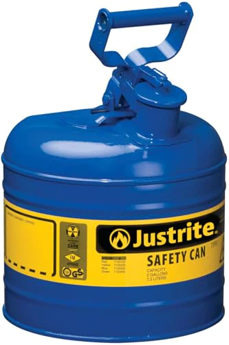 Justrite 2 Gallon Type I Blue Safety Can for Kerosene with Flame Arrester and Self-Closing Lid, Made in the USA, Galvanized Steel Flammable Storage Can, 7120300