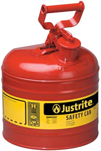 Justrite 2 Gallon Type I Red Safety Gas Can for Gasoline with Flame Arrester and Self-Closing Lid, Made in the USA, Galvanized Steel Flammable Storage Can, 7120100