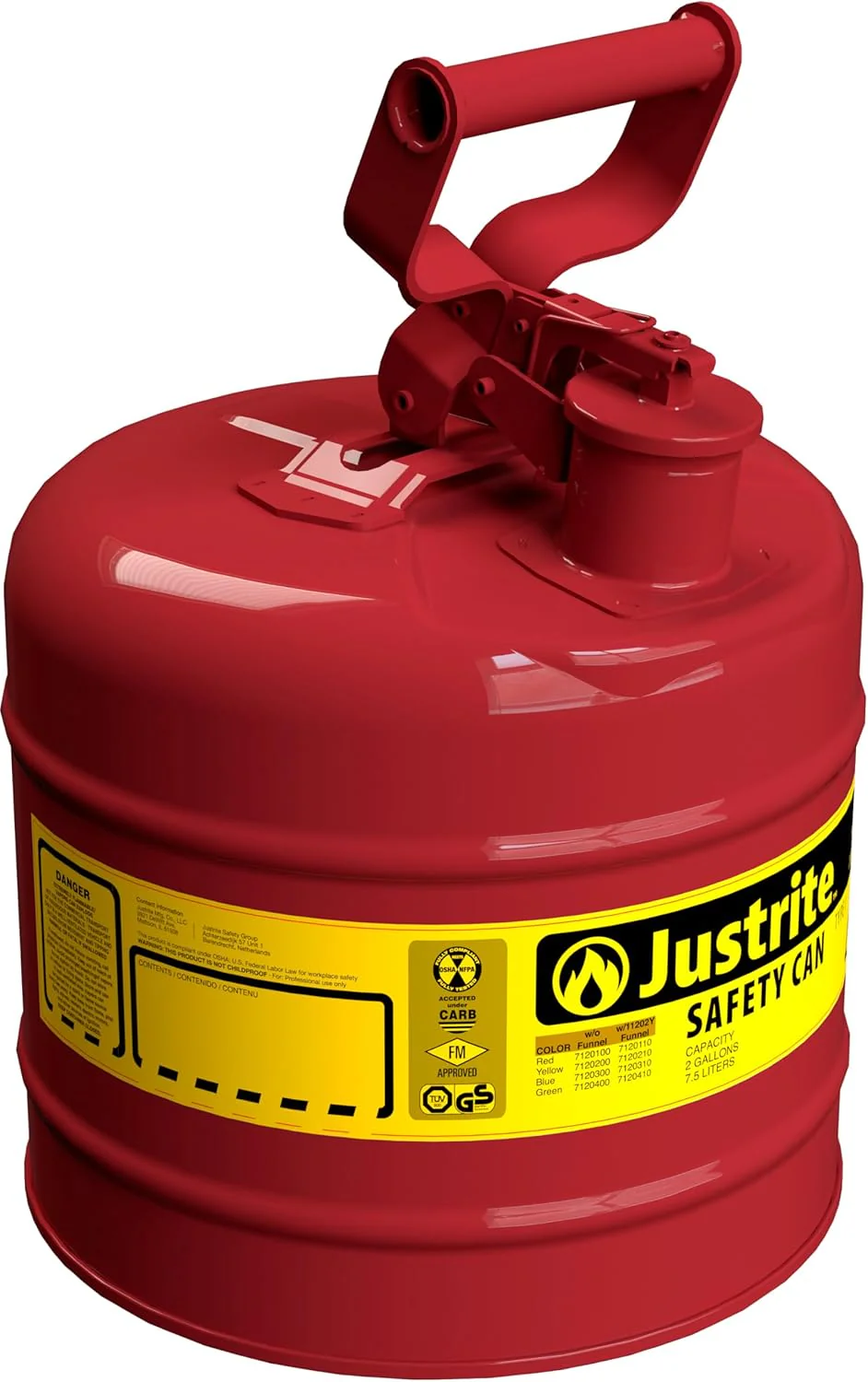 Justrite 2 Gallon Type I Red Safety Gas Can for Gasoline with Flame Arrester and Self-Closing Lid, Made in the USA, Galvanized Steel Flammable Storage Can, 7120100 - Image 2