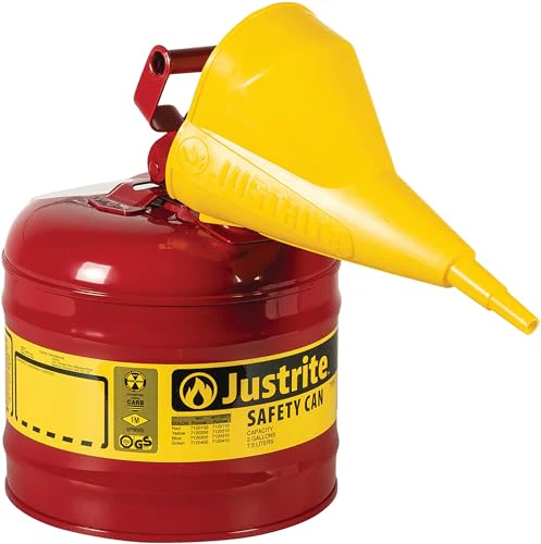 Justrite 2 Gallon Type I Red Safety Gas Can for Gasoline with Flame Arrester, Self-Closing Lid, and Funnel, Made in the USA, Galvanized Steel Flammable Storage Can, 7120110