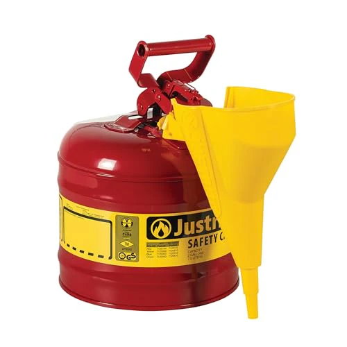 Justrite 2 Gallon Type I Red Safety Gas Can for Gasoline with Flame Arrester, Self-Closing Lid, and Funnel, Made in the USA, Galvanized Steel Flammable Storage Can, 7120110 - Image 2