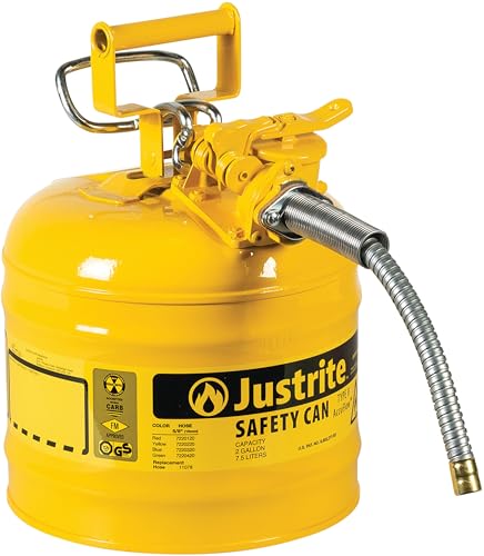 Justrite 2 Gallon Type II Yellow Safety Can for Diesel with Flame Arrester, Self-Closing Lid, and 5/8" Flexible Metal Spout, Made in the USA, Galvanized Steel Flammable Storage Can, 7220220