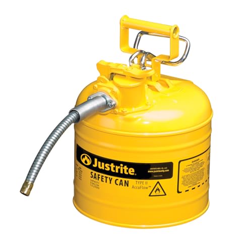Justrite 2 Gallon Type II Yellow Safety Can for Diesel with Flame Arrester, Self-Closing Lid, and 5/8" Flexible Metal Spout, Made in the USA, Galvanized Steel Flammable Storage Can, 7220220 - Image 2