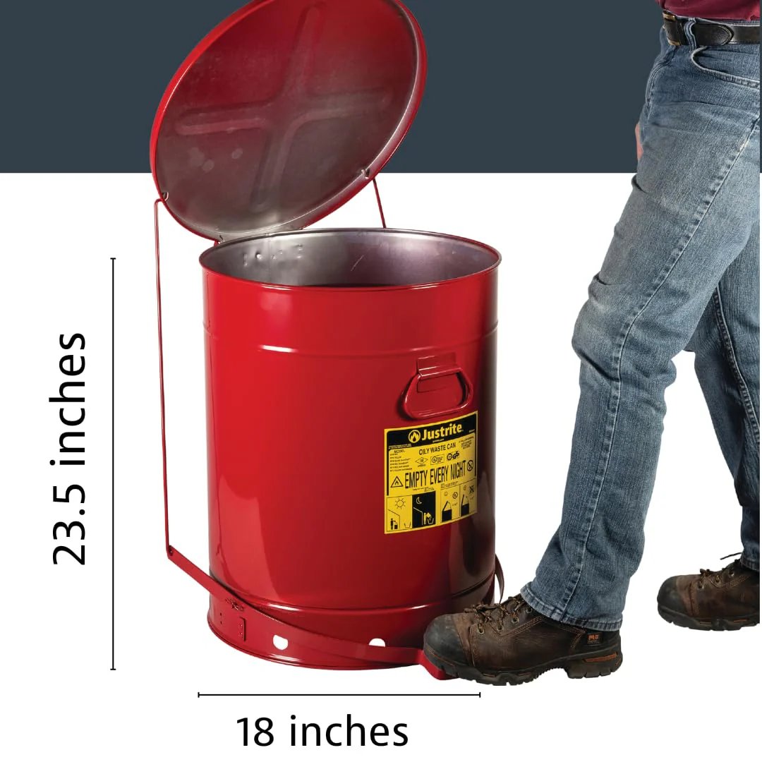 Justrite 21 Gallon Galvanized Steel Oily Waste Can, 23.5" x 18" Metal Oil Rag Safety Can with Foot Operated Self-Closing Lid for Oil Rag Disposal, Made in The USA, Red, 09700 - Image 3