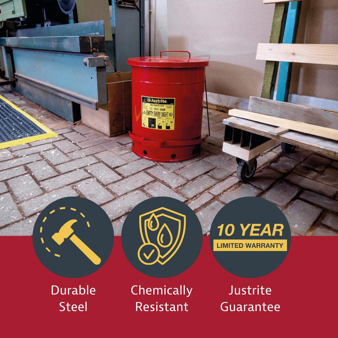 Justrite 21 Gallon Galvanized Steel Oily Waste Can, 23.5" x 18" Metal Oil Rag Safety Can with Foot Operated Self-Closing Lid for Oil Rag Disposal, Made in The USA, Red, 09700 - Image 4