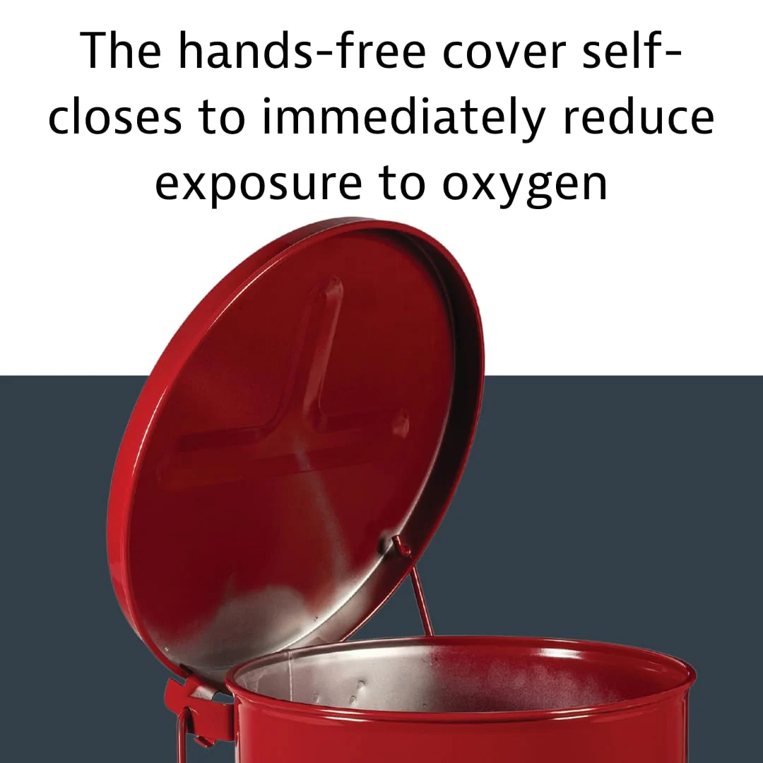 Justrite 21 Gallon Galvanized Steel Oily Waste Can, 23.5" x 18" Metal Oil Rag Safety Can with Foot Operated Self-Closing Lid for Oil Rag Disposal, Made in The USA, Red, 09700 - Image 6
