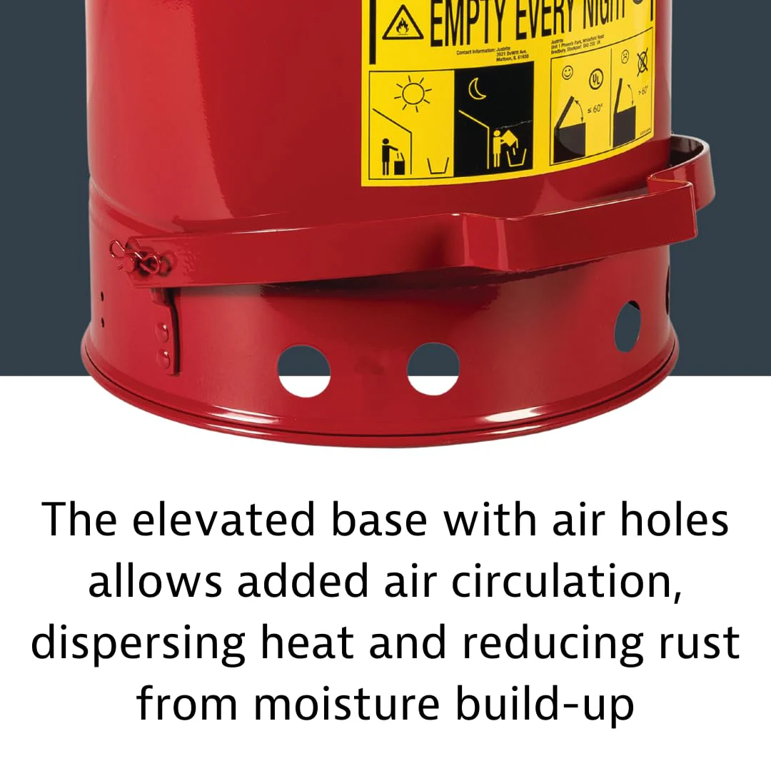 Justrite 21 Gallon Galvanized Steel Oily Waste Can, 23.5" x 18" Metal Oil Rag Safety Can with Foot Operated Self-Closing Lid for Oil Rag Disposal, Made in The USA, Red, 09700 - Image 8