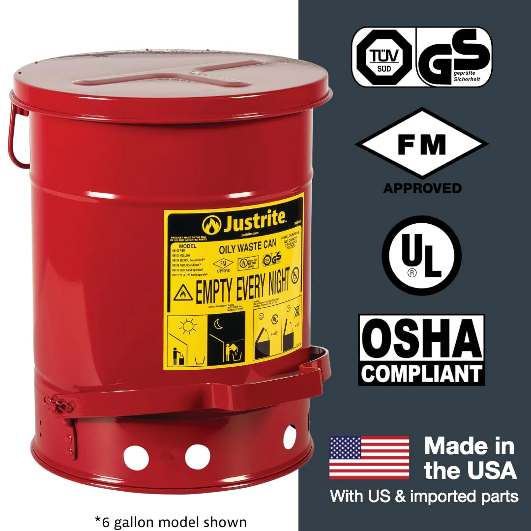 Justrite 21 Gallon Galvanized Steel Oily Waste Can, 23.5" x 18" Metal Oil Rag Safety Can with Foot Operated Self-Closing Lid for Oil Rag Disposal, Made in The USA, Red, 09700 - Image 9