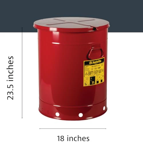 Justrite 21 Gallon Galvanized Steel Oily Waste Can, 23.5" x 18" Metal Oil Rag Safety Can with Hand Operated Self-Closing Lid for Oil Rag Disposal, Made in The USA, Red, 09710 - Image 2