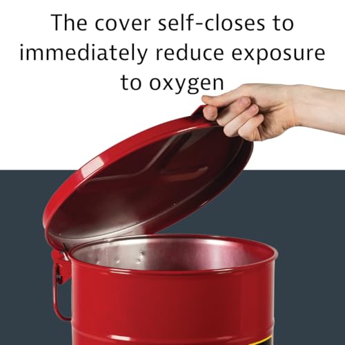 Justrite 21 Gallon Galvanized Steel Oily Waste Can, 23.5" x 18" Metal Oil Rag Safety Can with Hand Operated Self-Closing Lid for Oil Rag Disposal, Made in The USA, Red, 09710 - Image 5