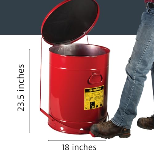 Justrite 21 Gallon Galvanized Steel Oily Waste Can, 23.5" x 18" Metal Oil Rag Safety Can with Quiet Foot Operated Self-Closing Lid for Oil Rag Disposal, Made in The USA, Red, 09708 - Image 2
