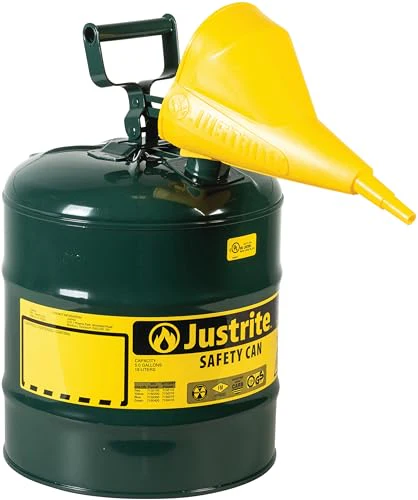 Justrite 5 Gallon Type I Green Safety Can for Oil with Flame Arrester, Self-Closing Lid, and Funnel, Made in the USA, Galvanized Steel Flammable Storage Can, 7150410