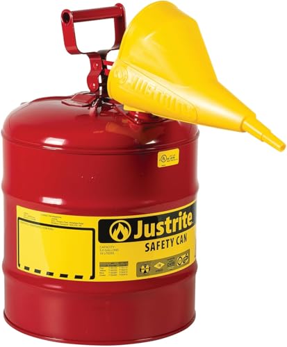 Justrite 5 Gallon Type I Red Safety Gas Can for Gasoline with Flame Arrester, Self-Closing Lid, and Funnel, Made in the USA, Galvanized Steel Flammable Storage Can, 7150110