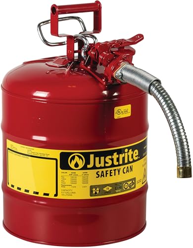 Justrite 5 Gallon Type II Red Safety Gas Can for Gasoline with Flame Arrester, Self-Closing Lid, and 1" Flexible Metal Spout, Made in the USA, Galvanized Steel Flammable Storage Can, 7250130