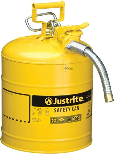 Justrite 5 Gallon Type II Yellow Safety Can for Diesel with Flame Arrester, Self-Closing Lid, and 1" Flexible Metal Spout, Made in the USA, Galvanized Steel Flammable Storage Can, 7250230
