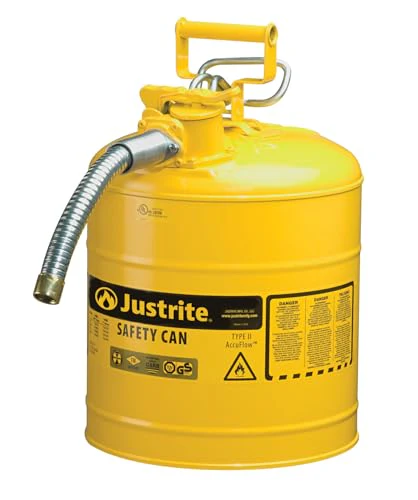 Justrite 5 Gallon Type II Yellow Safety Can for Diesel with Flame Arrester, Self-Closing Lid, and 1" Flexible Metal Spout, Made in the USA, Galvanized Steel Flammable Storage Can, 7250230 - Image 2