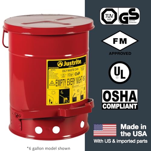 Justrite 6 Gallon Galvanized Steel Oily Waste Can, 16" x 12" Metal Oil Rag Safety Can With Foot Operated Self-Closing Lid for Oil Rag Disposal, Made in the USA, Red, 09100 - Image 8