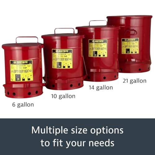 Justrite 6 Gallon Galvanized Steel Oily Waste Can, 16" x 12" Metal Oil Rag Safety Can With Foot Operated Self-Closing Lid for Oil Rag Disposal, Made in the USA, Red, 09100 - Image 9