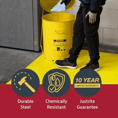 Justrite 6 Gallon Galvanized Steel Oily Waste Can, 16" x 12" Metal Oil Rag Safety Can With Foot Operated Self-Closing Lid for Oil Rag Disposal, Made in the USA, Yellow, 09101 - Image 3