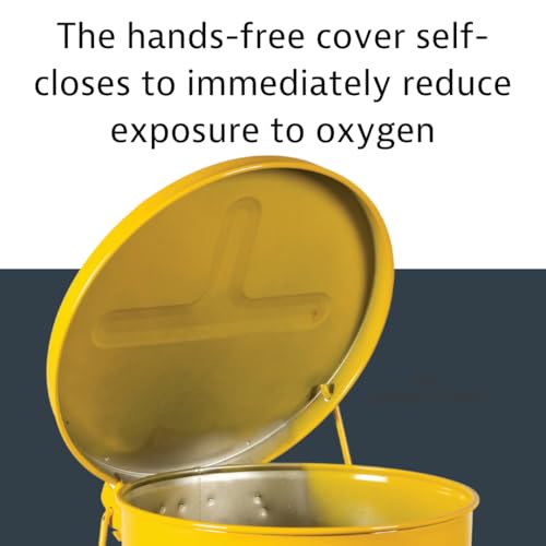 Justrite 6 Gallon Galvanized Steel Oily Waste Can, 16" x 12" Metal Oil Rag Safety Can With Foot Operated Self-Closing Lid for Oil Rag Disposal, Made in the USA, Yellow, 09101 - Image 5