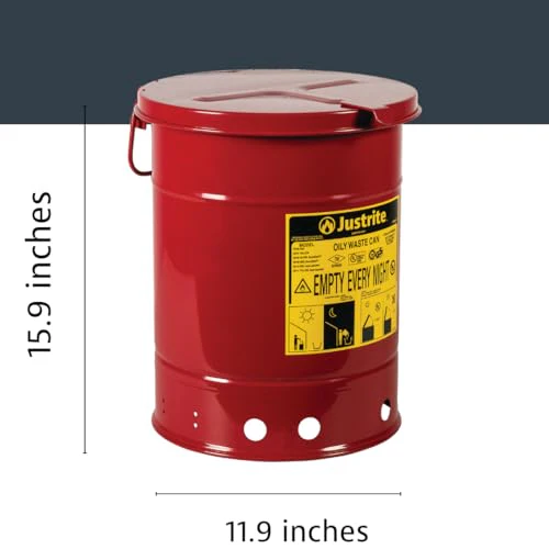 Justrite 6 Gallon Galvanized Steel Oily Waste Can, 16" x 12" Metal Oil Rag Safety Can with Hand Operated Self-Closing Lid for Oil Rag Disposal, Made in The USA, Red, 09110 - Image 2