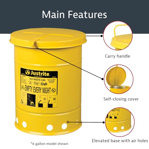 Justrite 6 Gallon Galvanized Steel Oily Waste Can, 16" x 12" Metal Oil Rag Safety Can with Hand Operated Self-Closing Lid for Oil Rag Disposal, Made in The USA, Yellow, 09111 - Image 4